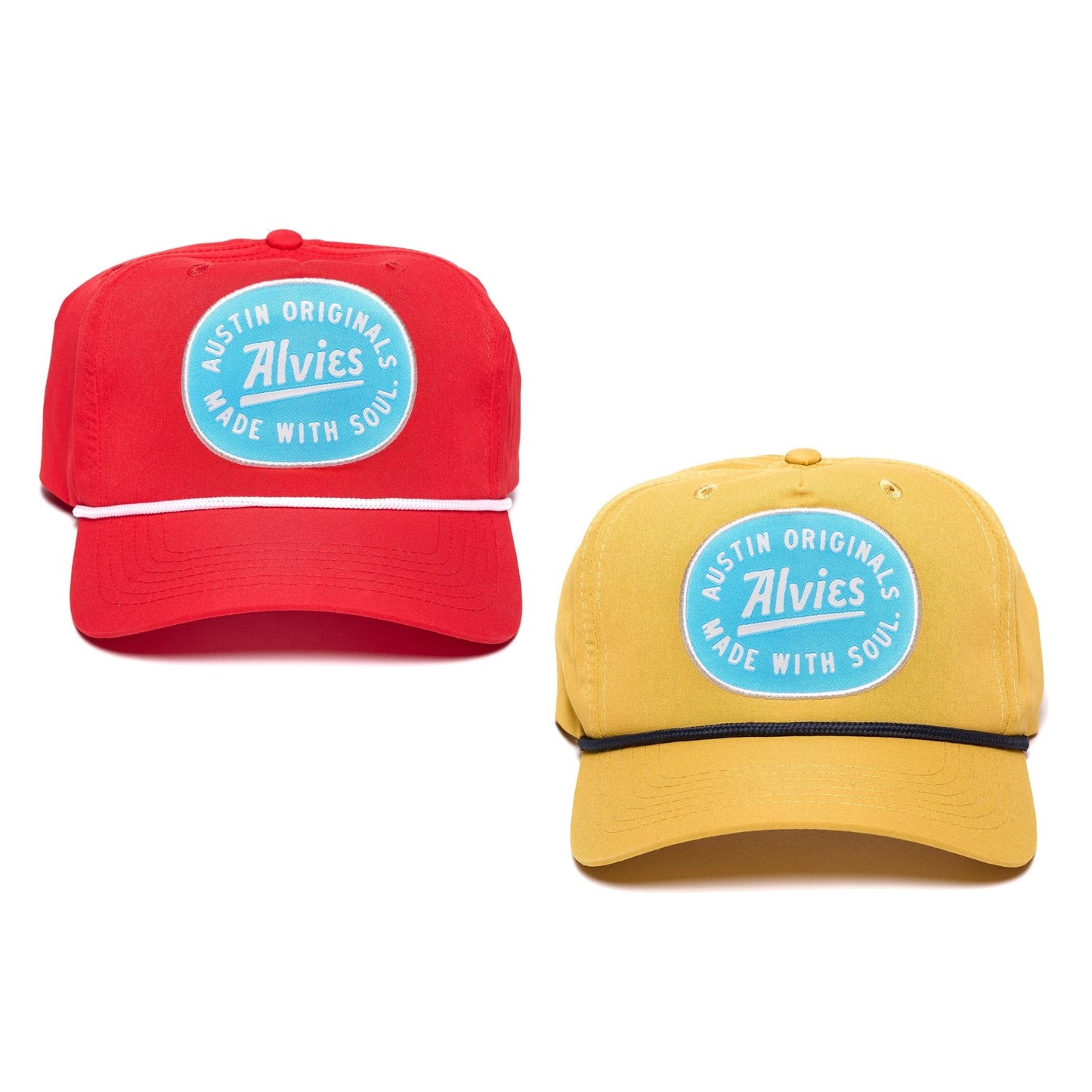 Snapback hats set: red and yellow styles with blue oval logo patches and dark underbills.