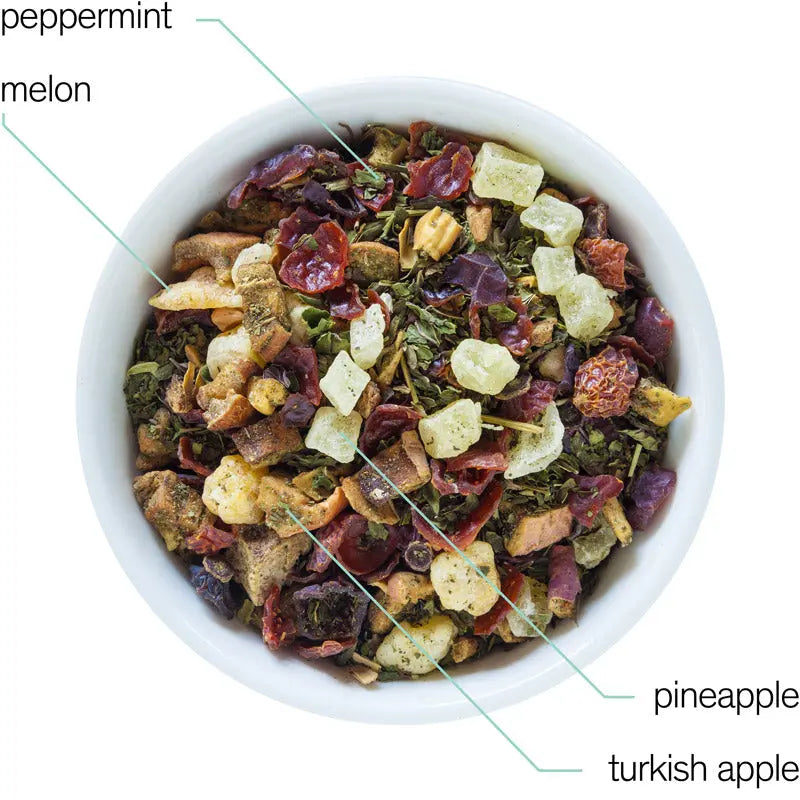 Top view of loose herbal tea blend with multicolored dried fruit and herb pieces.