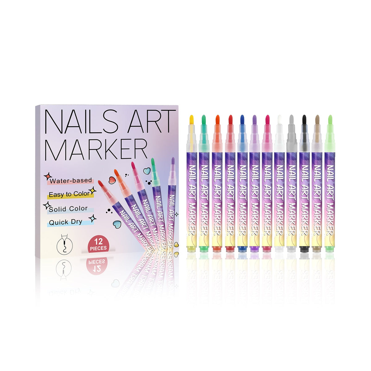 Nail art marker set with 12 pastel-to-bright color pens and labeled display box