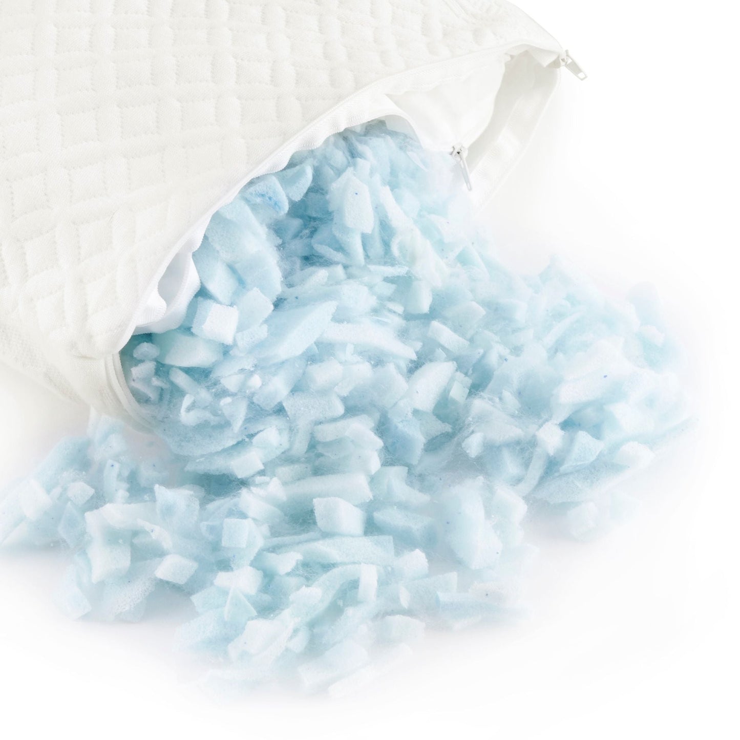 Shredded memory foam pillow refill with light blue foam pieces