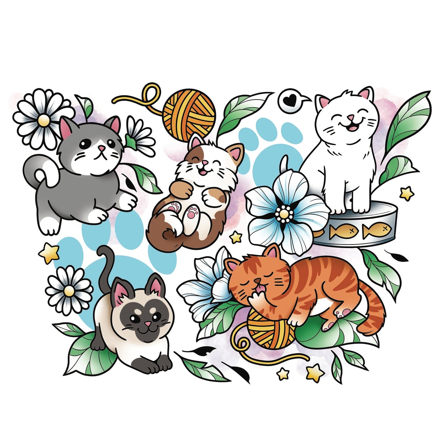 Kids temporary tattoo sleeve sheet with cats, dog, yarn ball, and flower designs