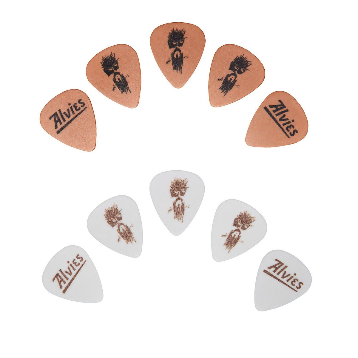 Mixed set of tan and white guitar picks with tree graphic and Alvies logo