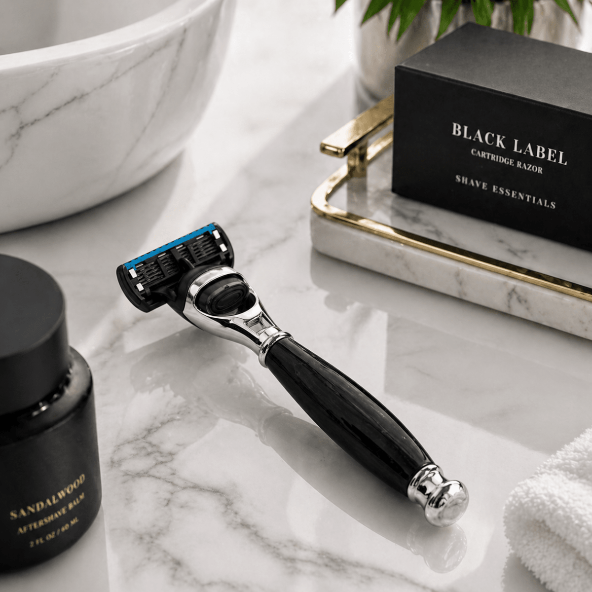 Cartridge razor with dark handle and blue cartridge, chrome head.