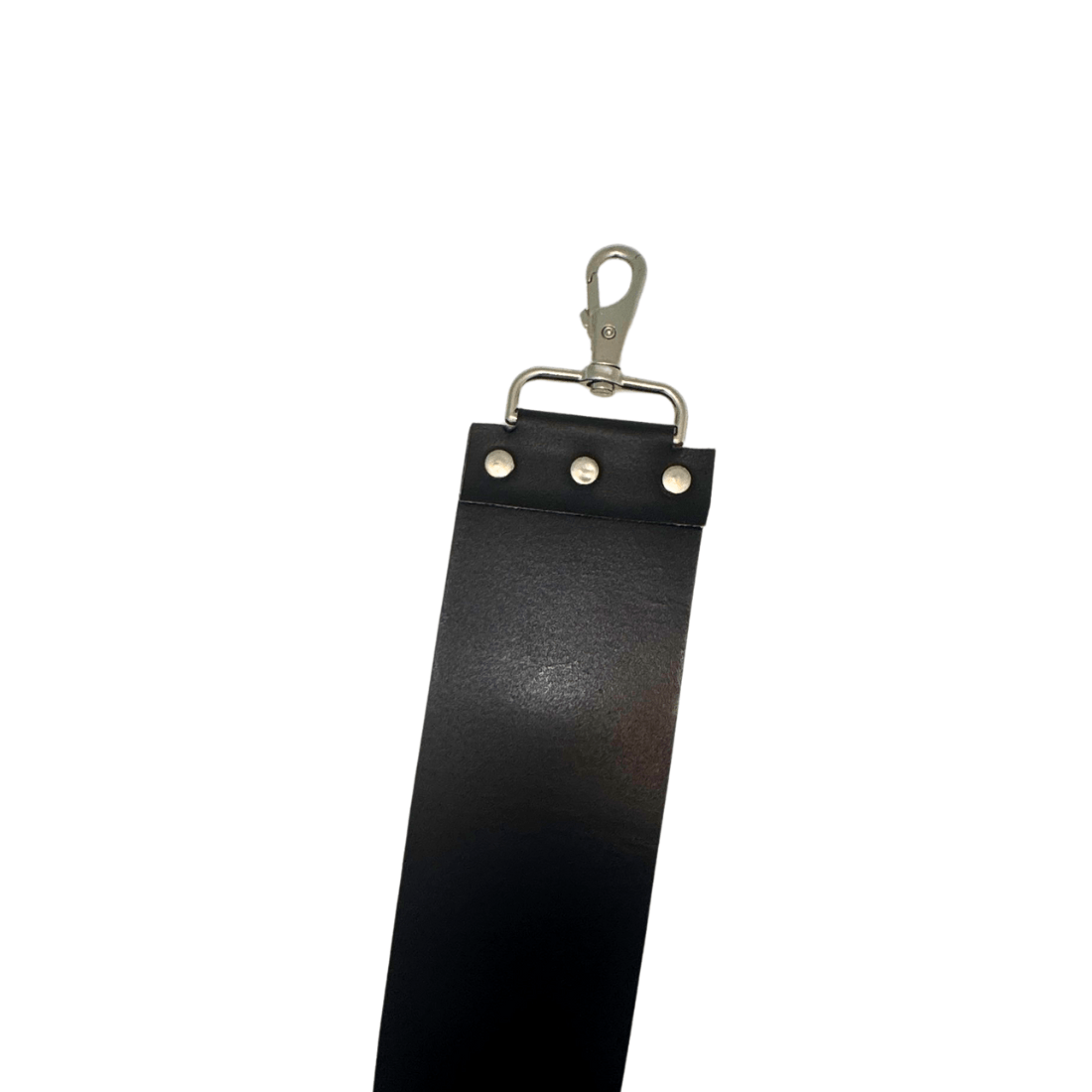 Black leather razor strop with brass clip handle and rivet row