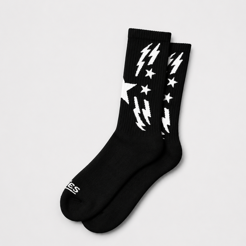 Black boot socks with white lightning and star graphics, ribbed crew cuffs.
