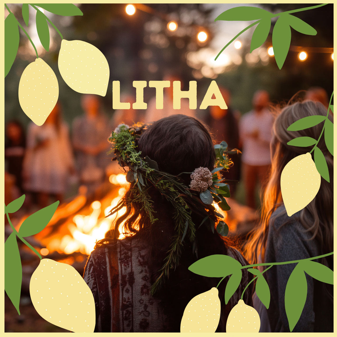 LITHA promotional card with leaf graphics and a person holding a leafy bouquet
