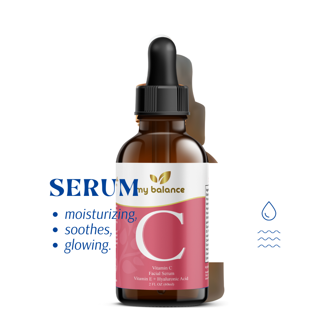 Facial vitamin C serum bottle with black dropper and pink C label on amber glass