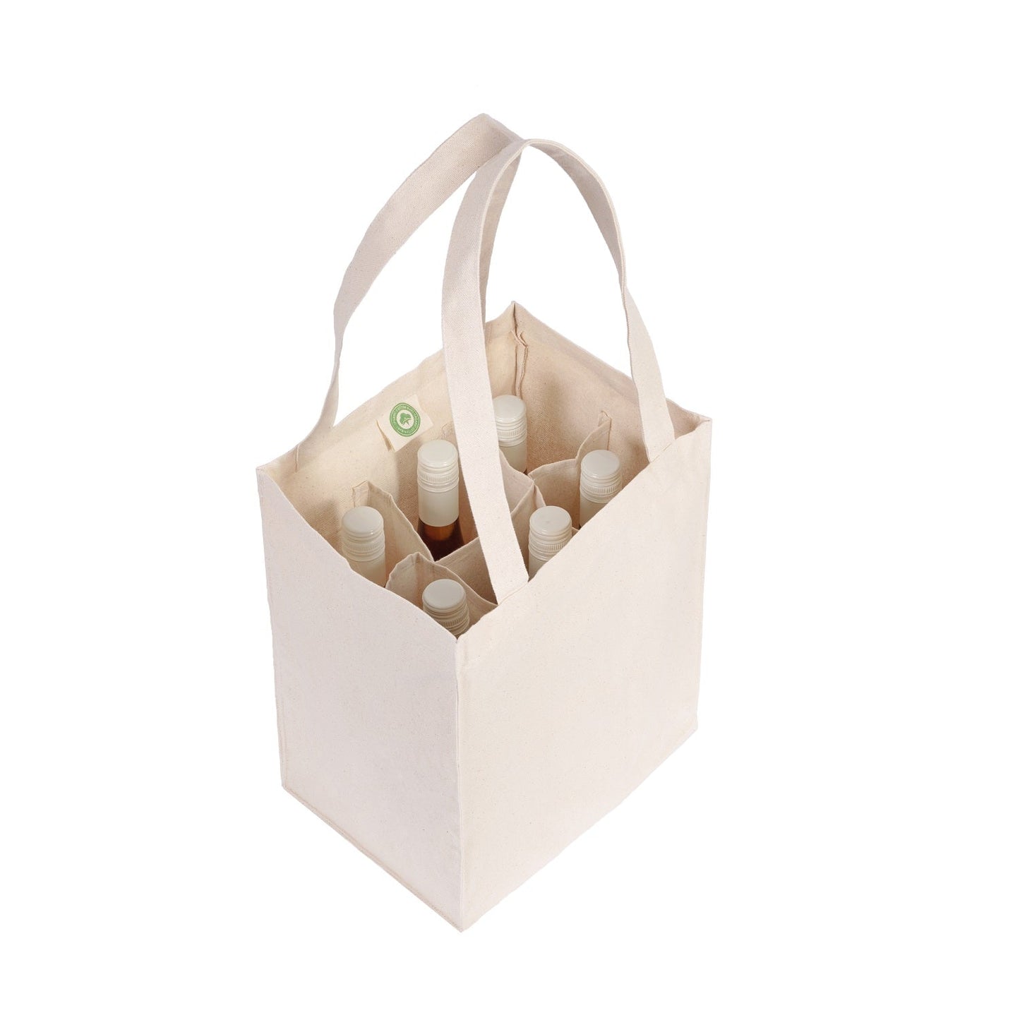 Canvas wine tote bag with loop handles, packed with bottles and small items inside.