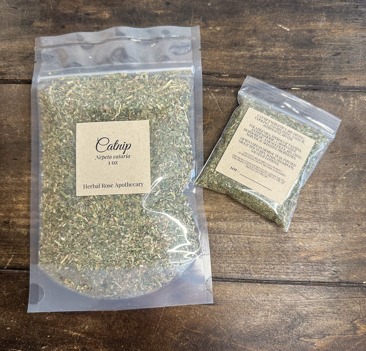 Catnip herb 1 oz in clear resealable pouch with kraft label; second pouch at right