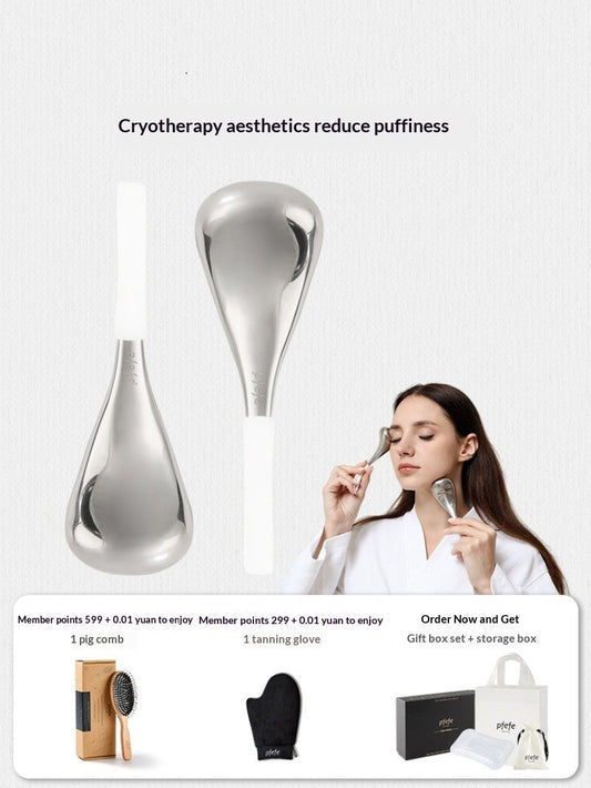 Silver teardrop ice spoon cryotherapy facial tool with cooling eye attachment