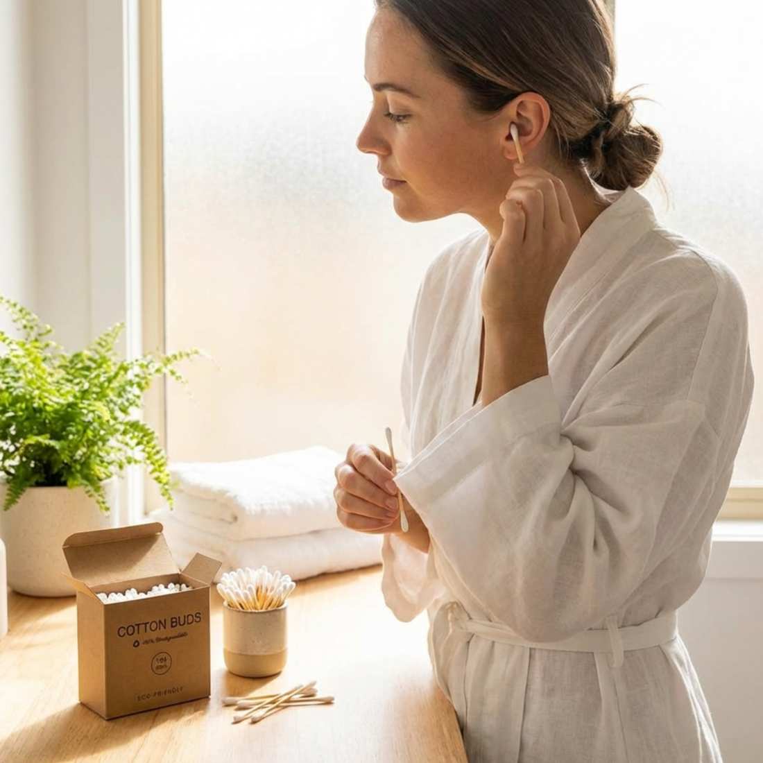 Cotton buds in paper box on countertop; woman holds a swab while applying skincare