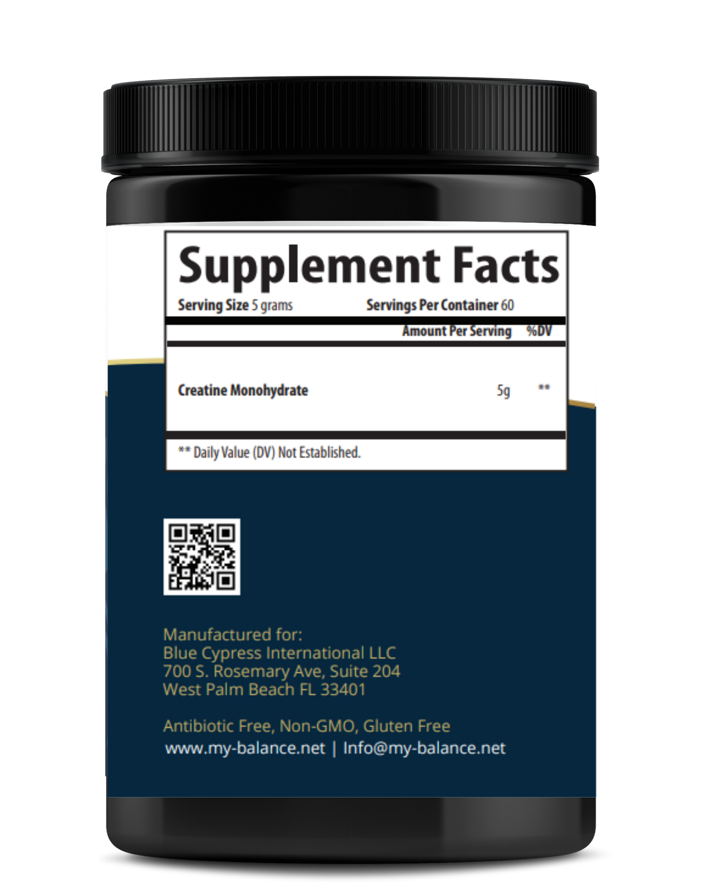 Creatine monohydrate supplement facts panel on powder jar with QR code