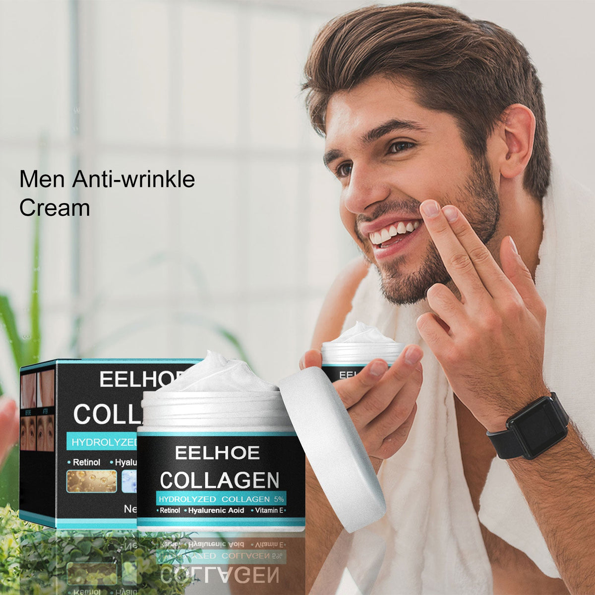 EELHOE collagen face cream with white jar, white pump, and teal box