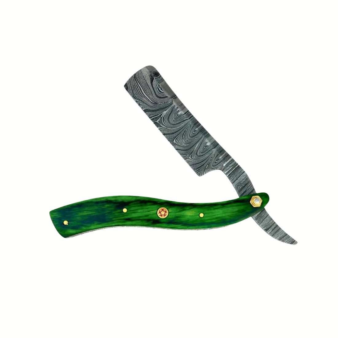 Damascus straight razor with green handle, gold rivets, silver patterned blade