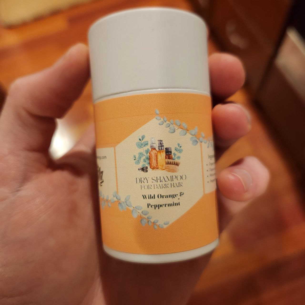 Dry shampoo powder bottle, Wild Orange & Peppermint label for dark hair
