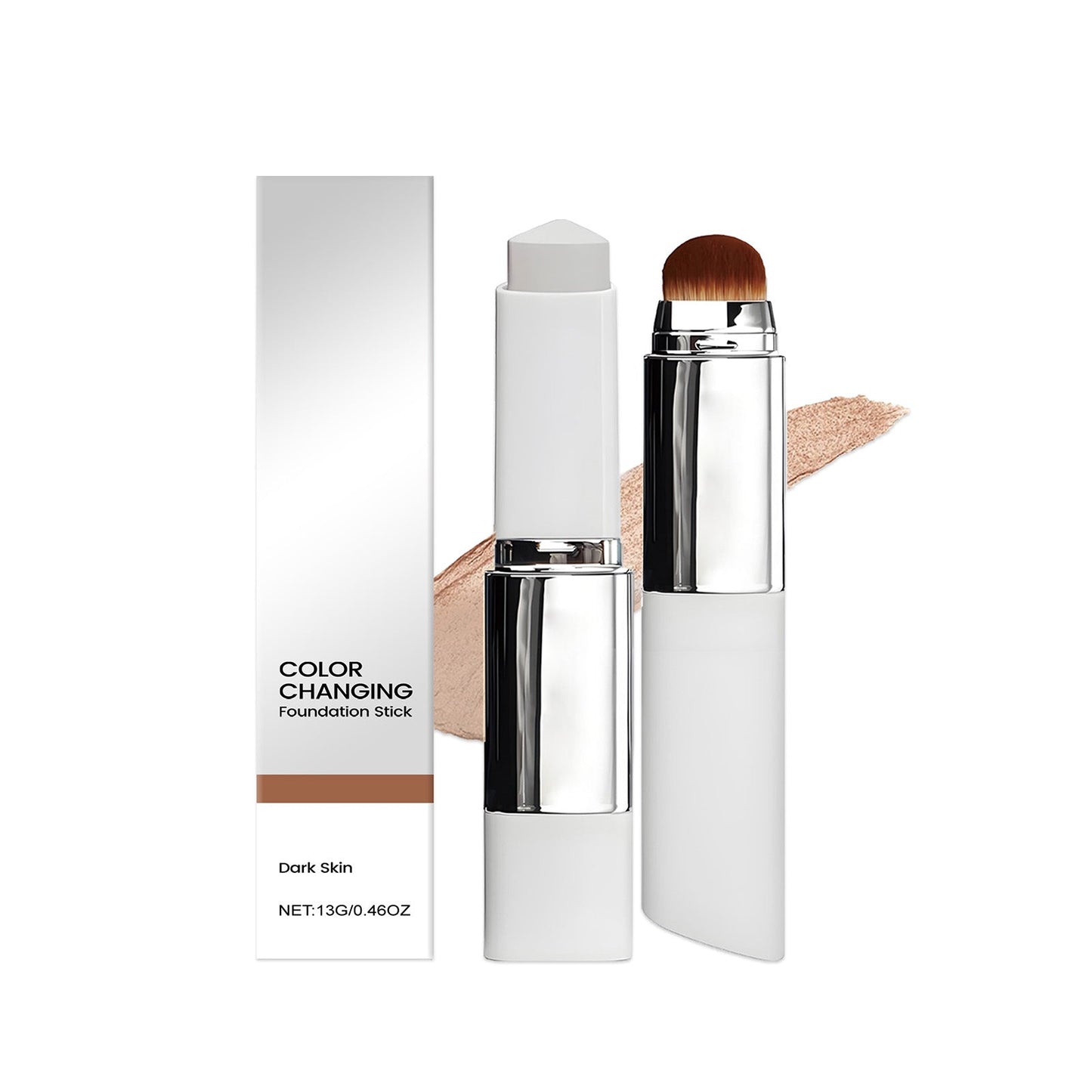 Color-changing foundation stick with brush tip and beige swatch, dark skin tone
