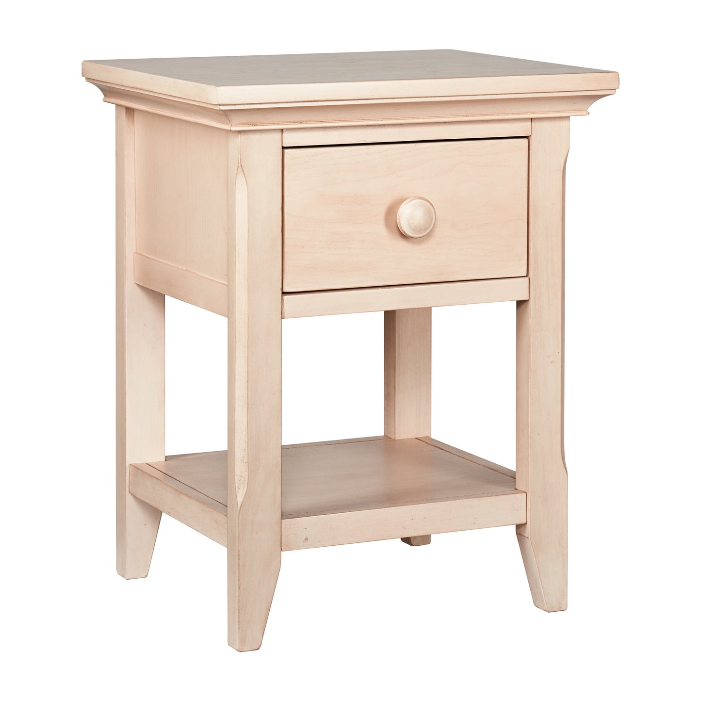 Sandstone nightstand with one drawer and lower shelf, paneled sides and turned legs.