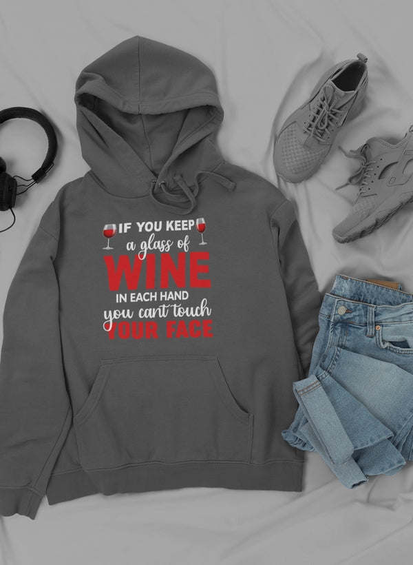 Grey hoodie with front pouch pocket, drawstring hood, and wine-themed graphic print.