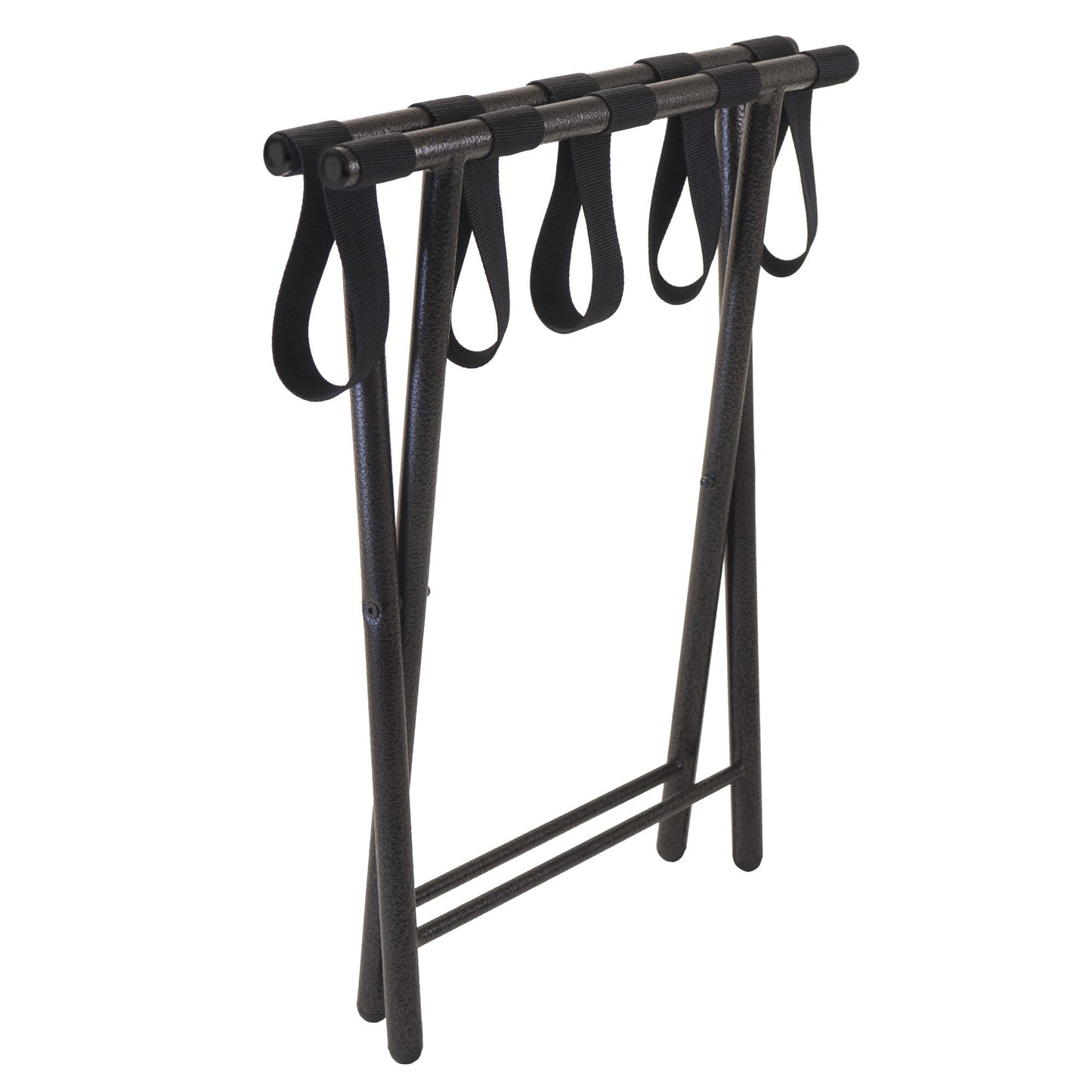 Folding luggage rack with straight black legs and looped straps, open frame