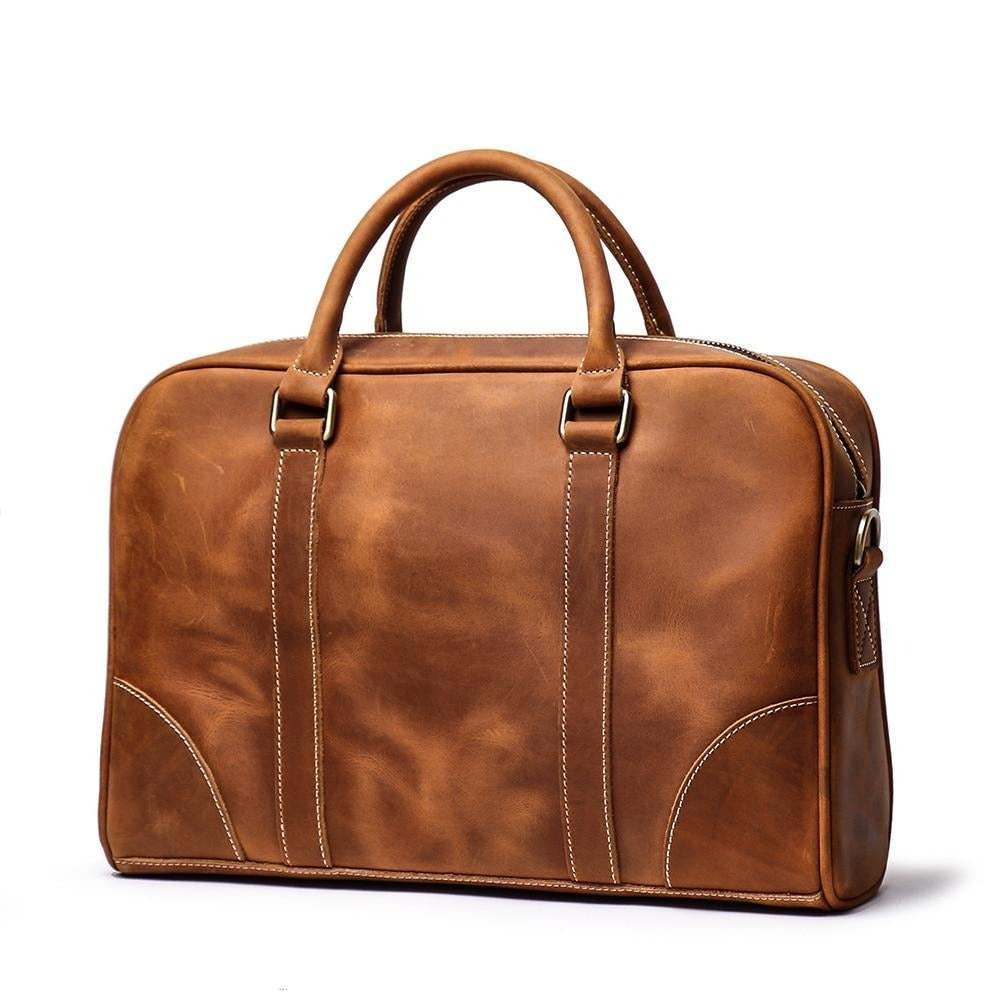 Brown vintage leather laptop briefcase with two handles and front stitched panels