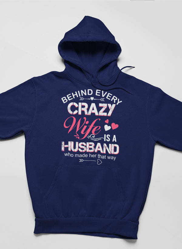 Navy pullover hoodie with front graphic, drawstring hood and kangaroo pocket