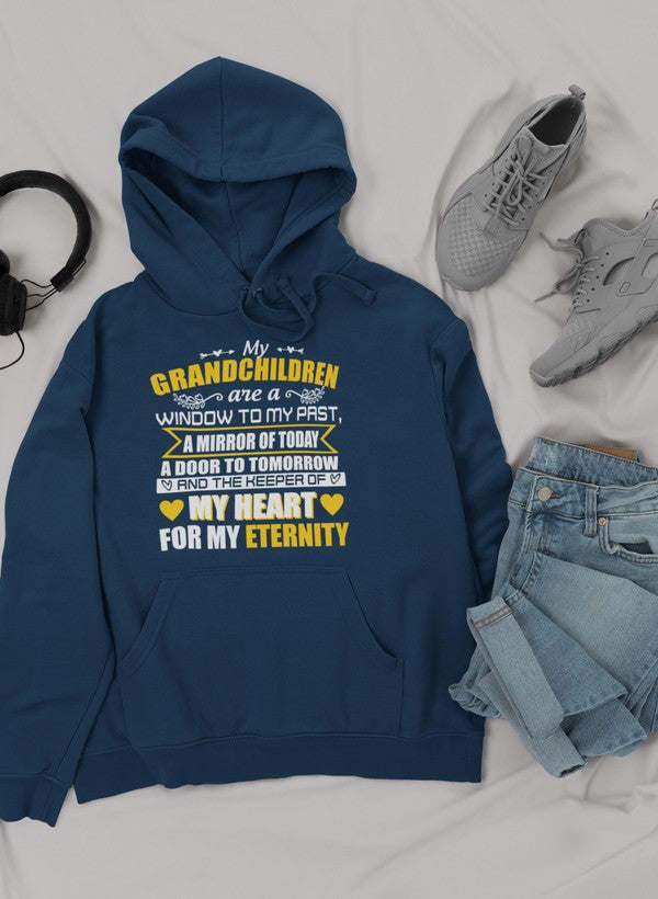Navy hoodie with front graphic print, hood, and kangaroo pocket