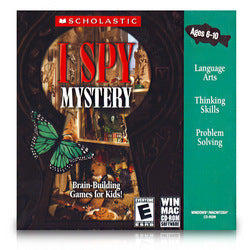 Scholastic I Spy Mystery for Windows/Mac game box, purple cover with butterfly art