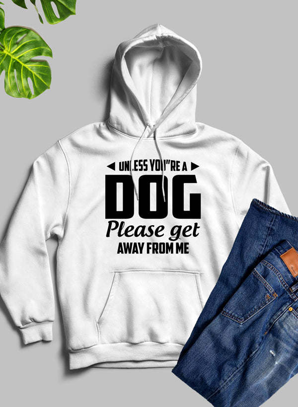 White hoodie with 'DOG' and 'Please get away from me' front print