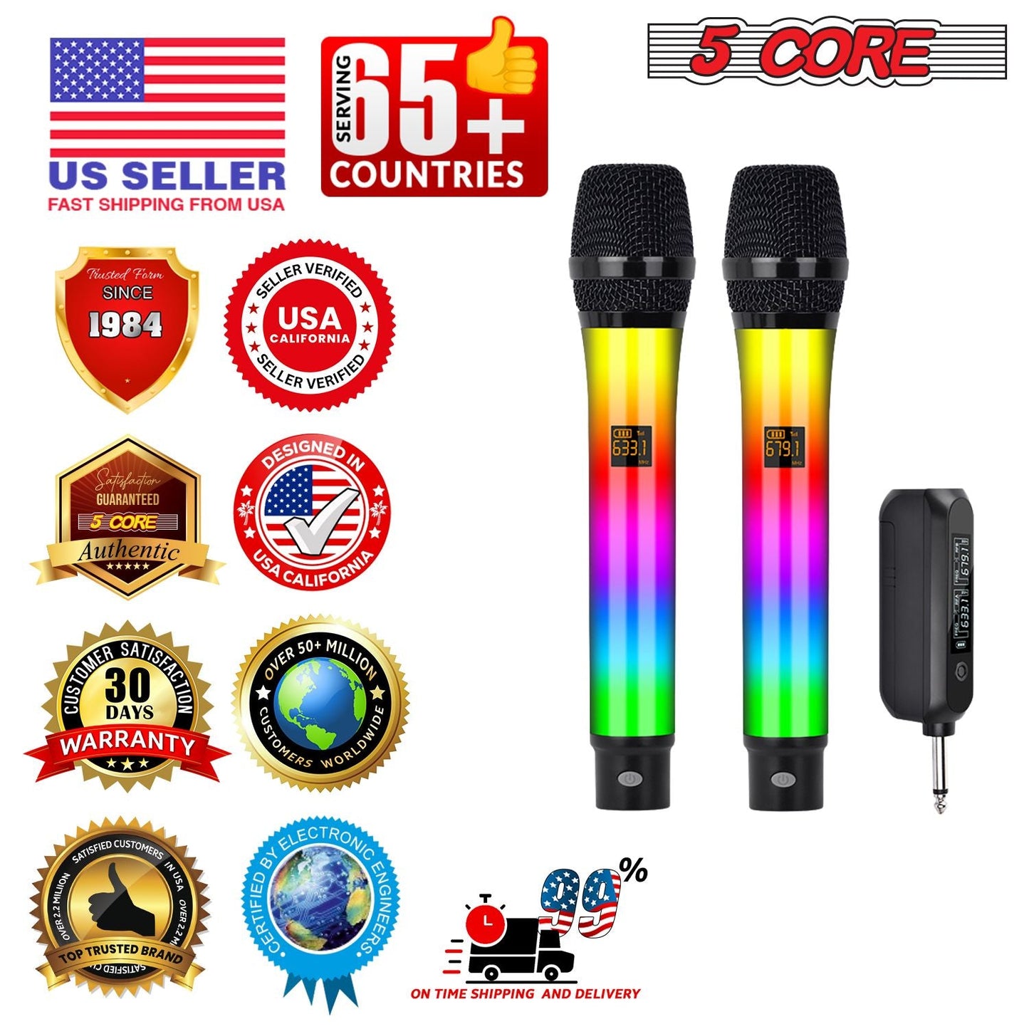 5 Core Microphone Wireless Karaoke Singing Mic Rechargeable Microfono w Lights