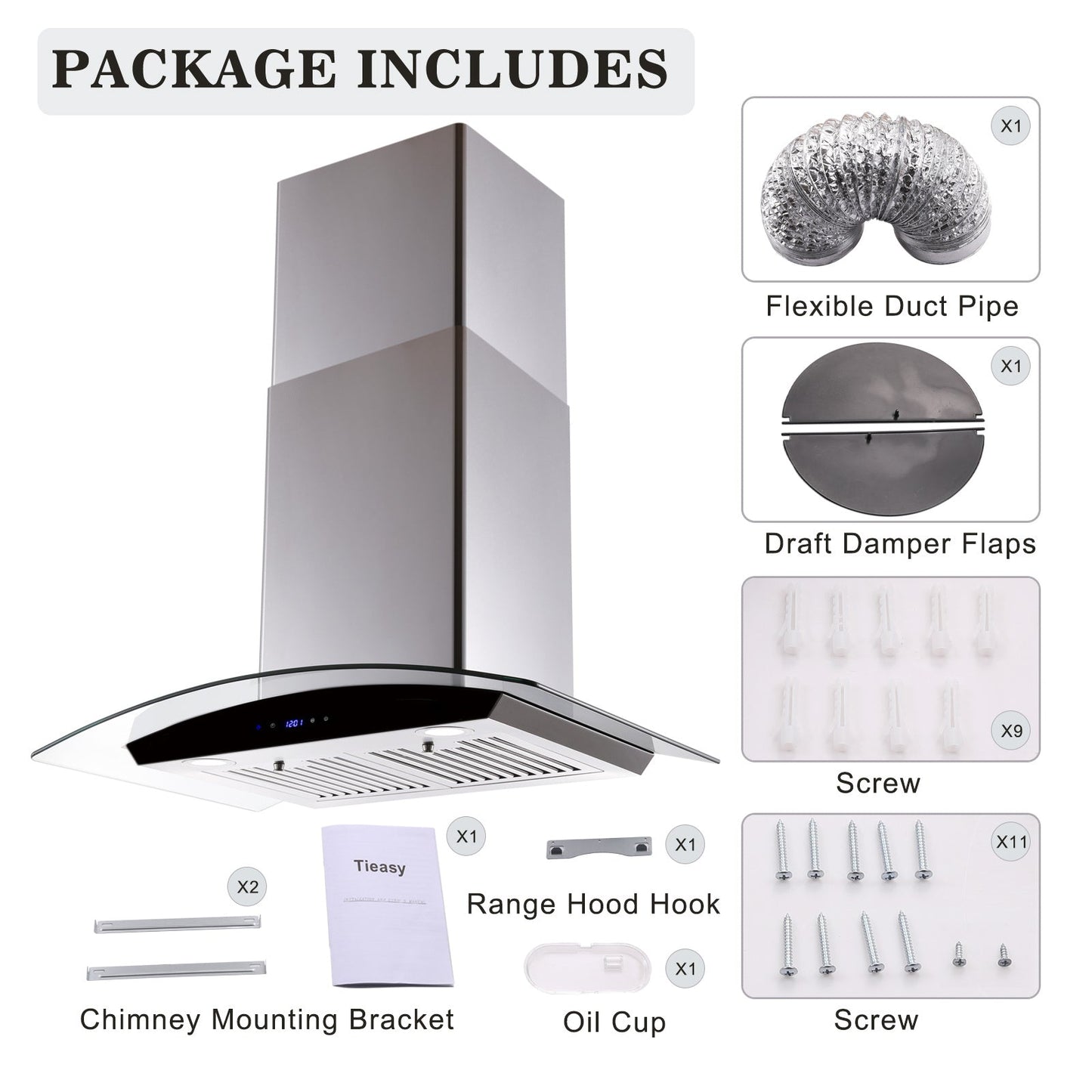 Range hood package contents: flexible duct pipe, draft dampers, screws, bracket