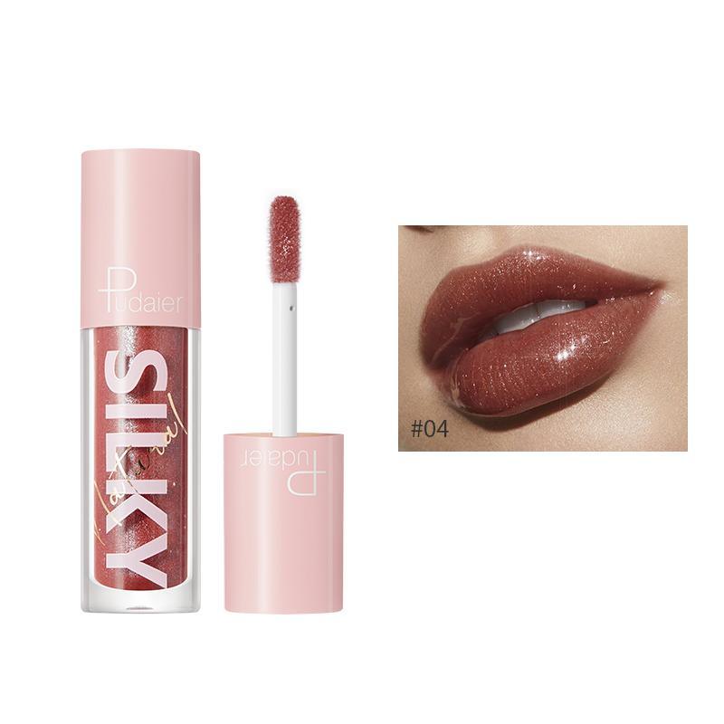 Pudaier gloss bomb lip luminizer #4, pink tube with wand applicator and deep red lip swatch