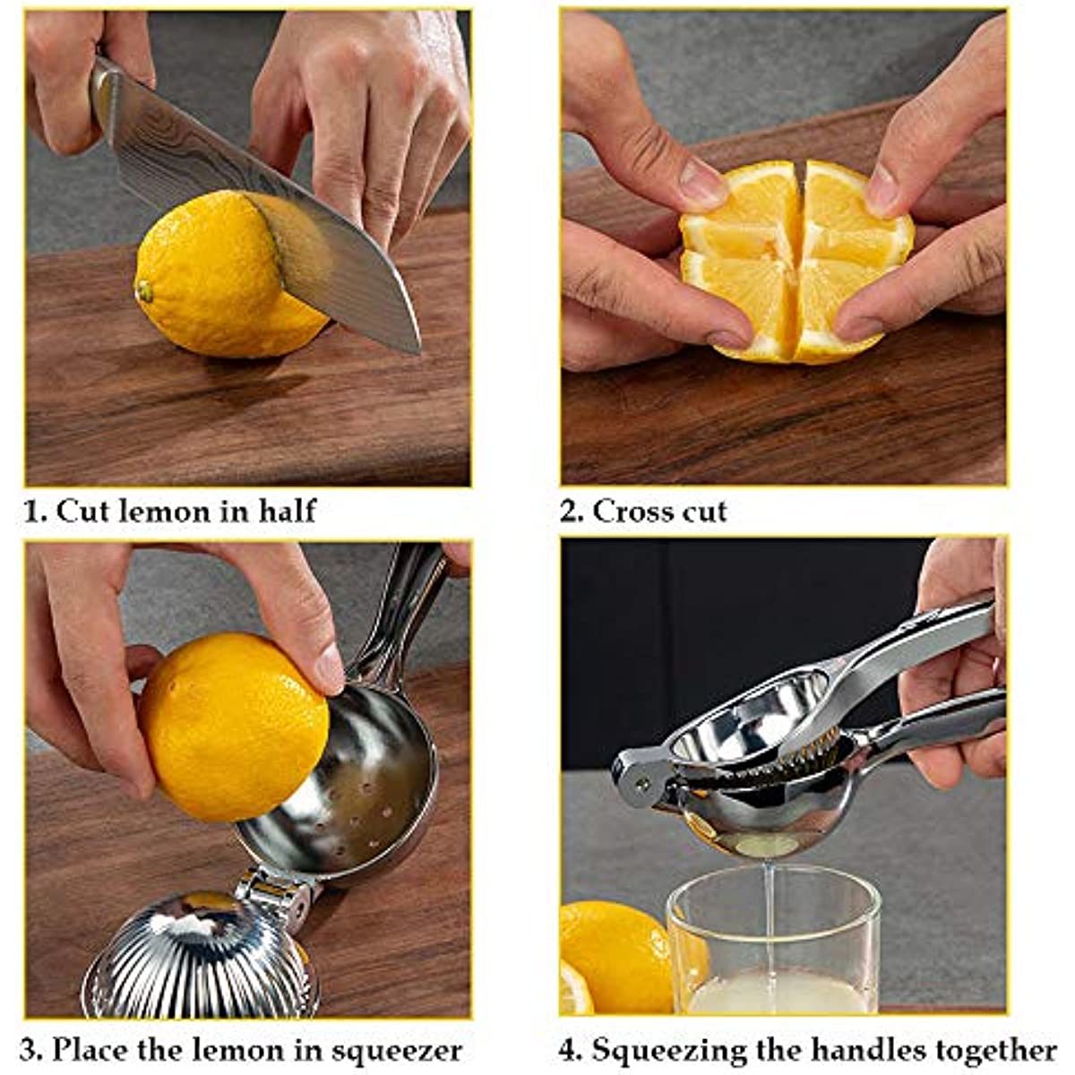 Handheld stainless steel lemon squeezer with press handles shown in use