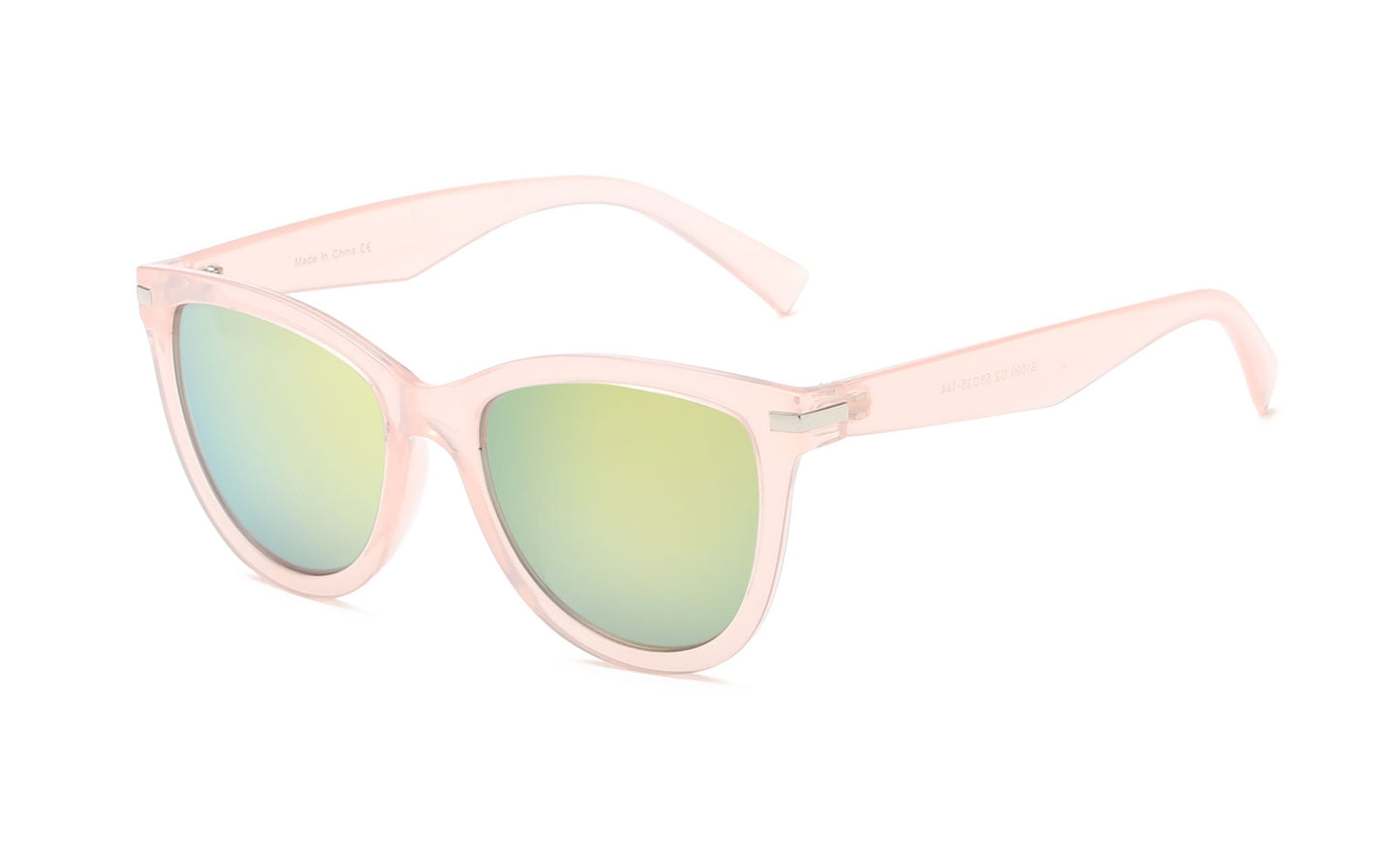 Cat-eye sunglasses with pale pink frames and mint-green lenses