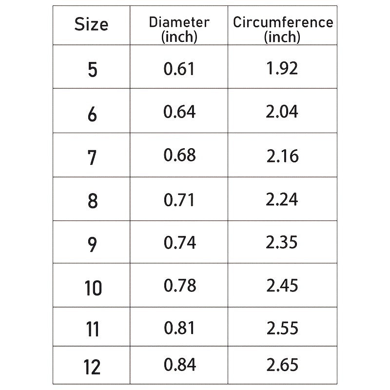 Ring size chart showing sizes 5–12 with diameter and circumference in inches