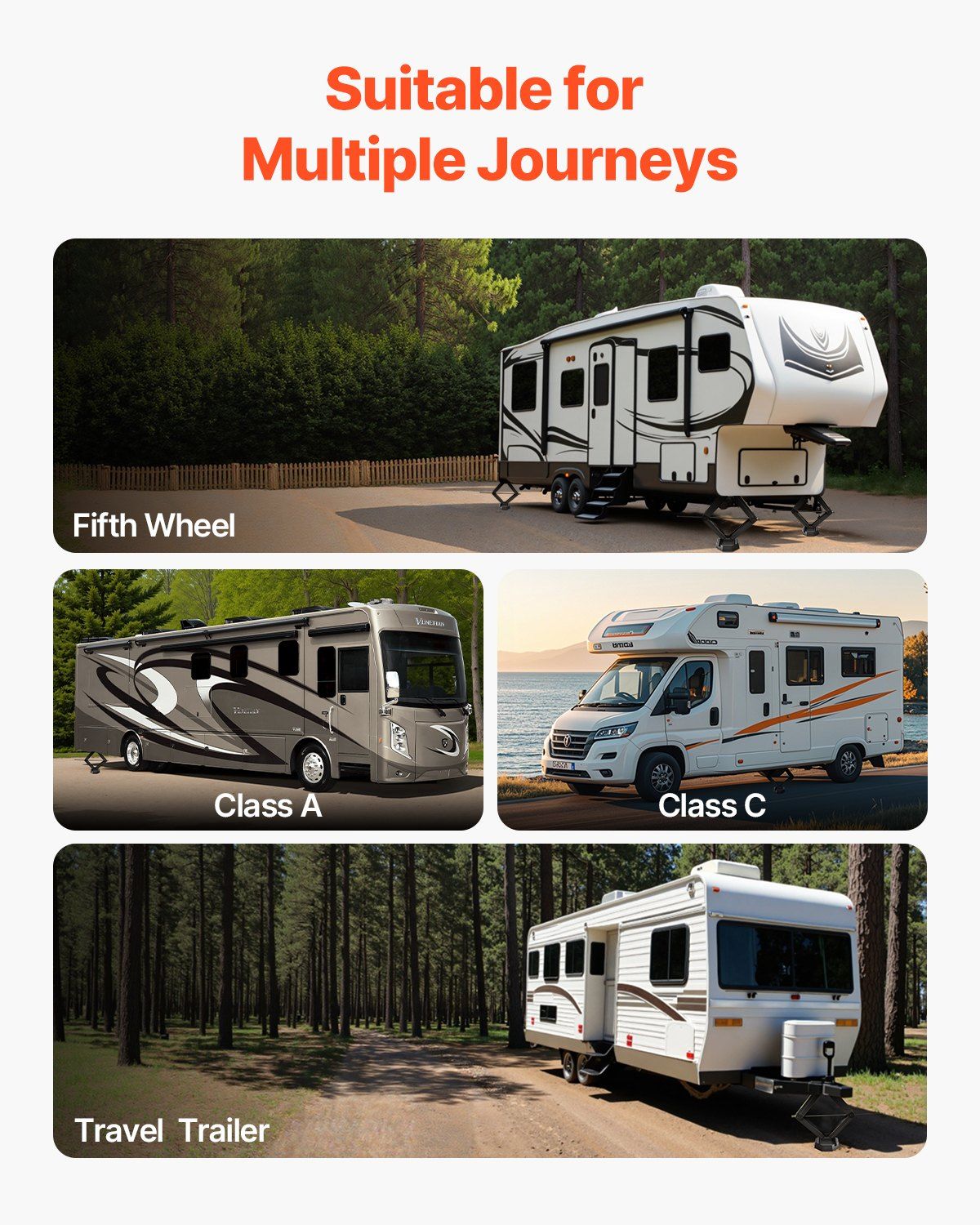 Black rubber leveling pad under an RV trailer jack for added stability