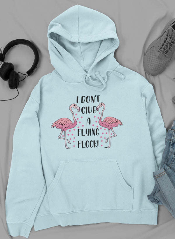 Light blue hoodie with drawstring hood, front pouch pocket, flamingo slogan graphic