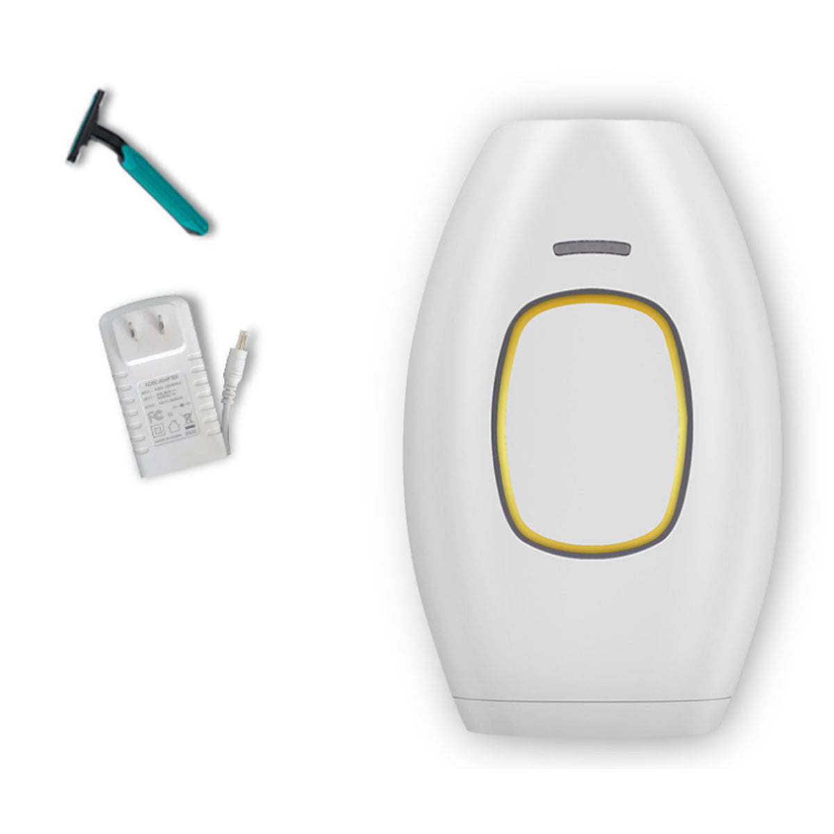 Laser hair remover device, white with yellow ring and small top button.