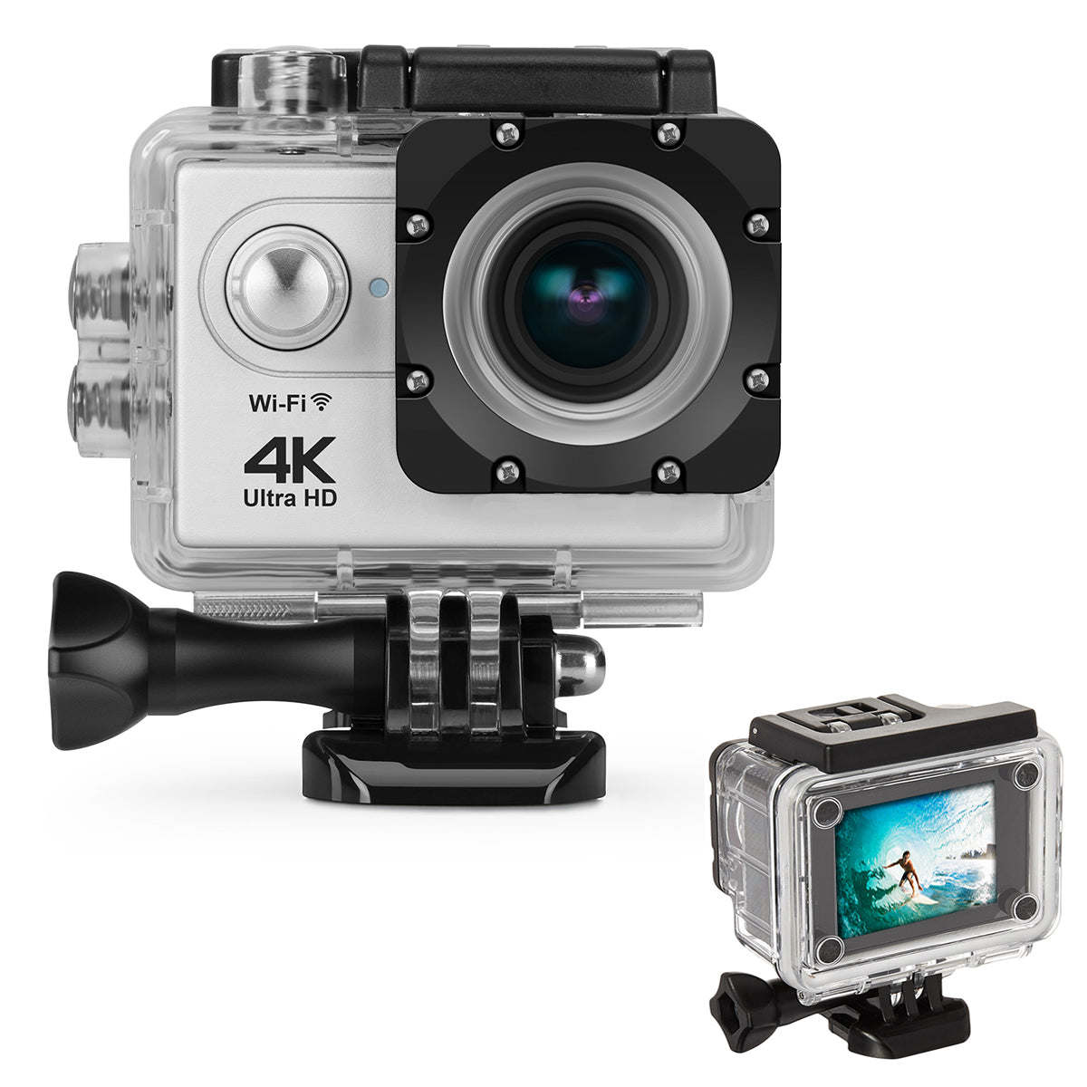 4K action camera in waterproof case with Wi‑Fi label, plus second mini camera