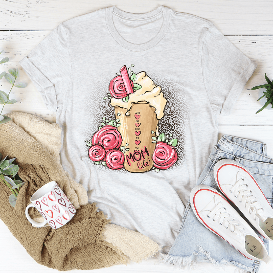 Light gray crewneck T-shirt with rose cookie illustration and heart 'Mom' text