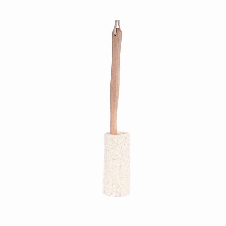 Loofah bath brush with straight wooden handle and small loofah pad