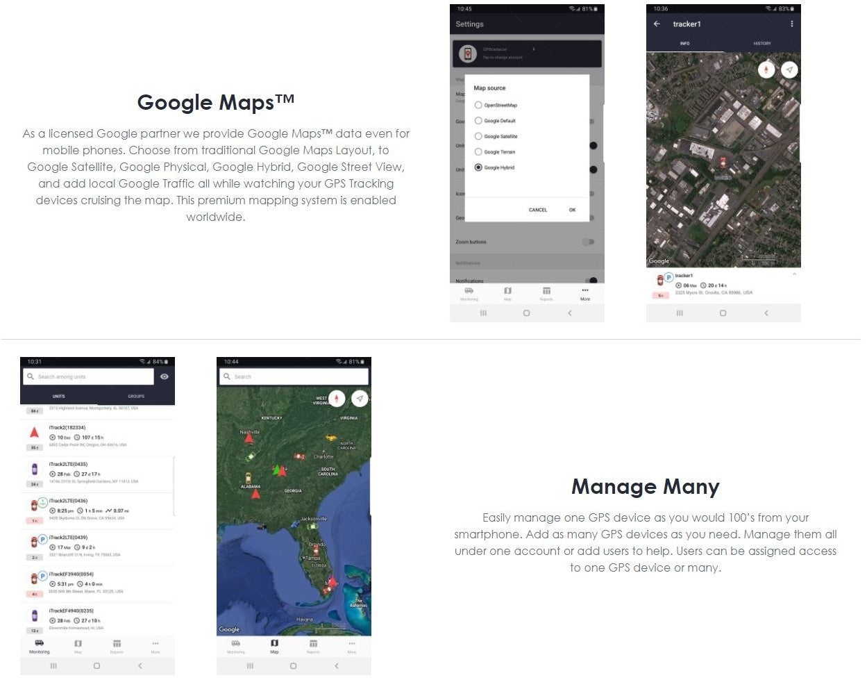GPS tracker map app screenshots showing Google Maps views and trip details