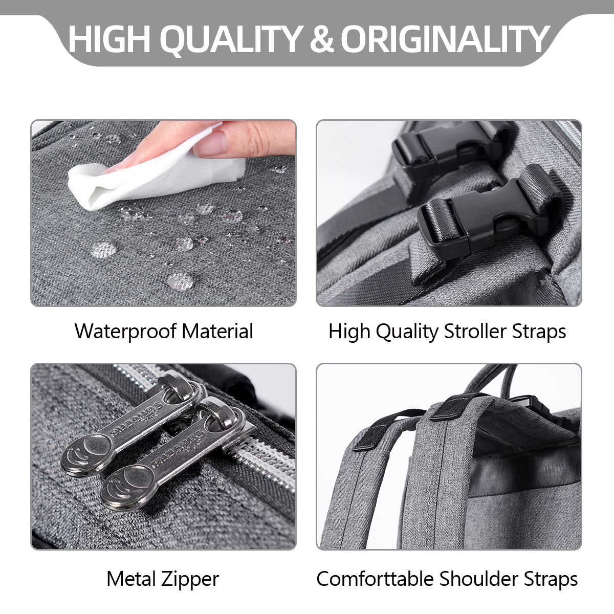 Gray diaper bag backpack details: waterproof fabric, metal zipper, stroller straps