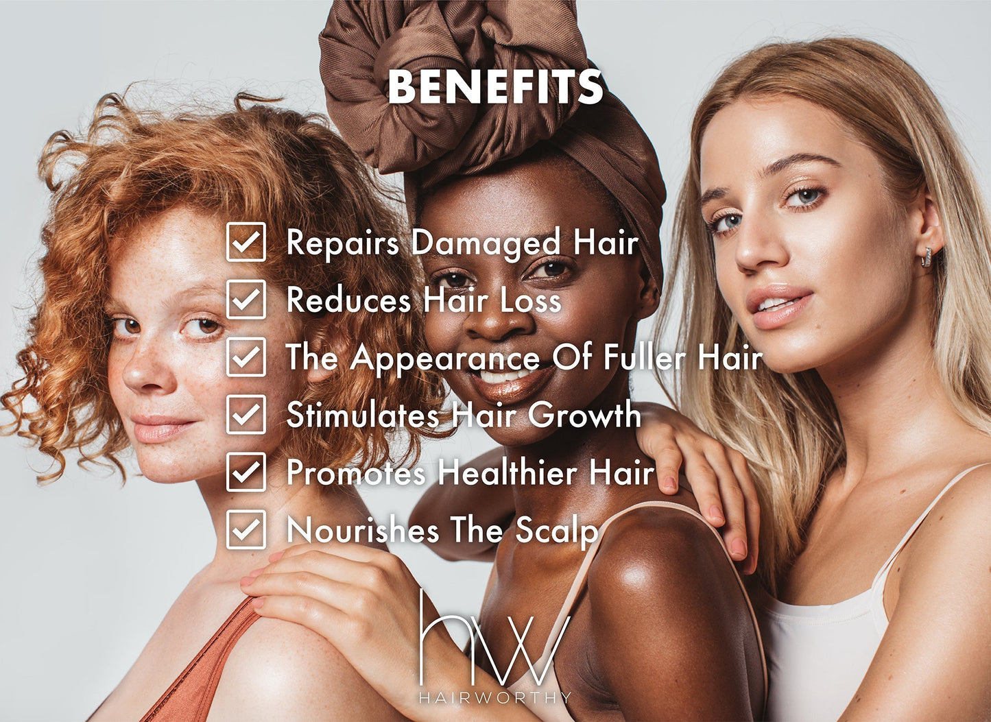 Hair repair shampoo benefits graphic with women and text, coconut oil