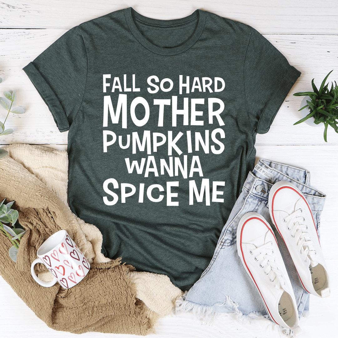 Dark green crewneck T-shirt with stacked white text graphic
