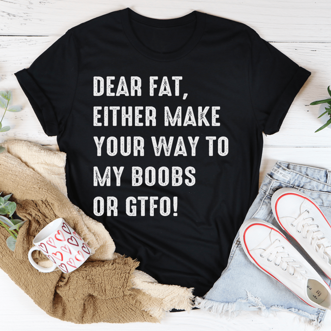 Black graphic crew-neck T-shirt with bold white slogan text, short sleeves