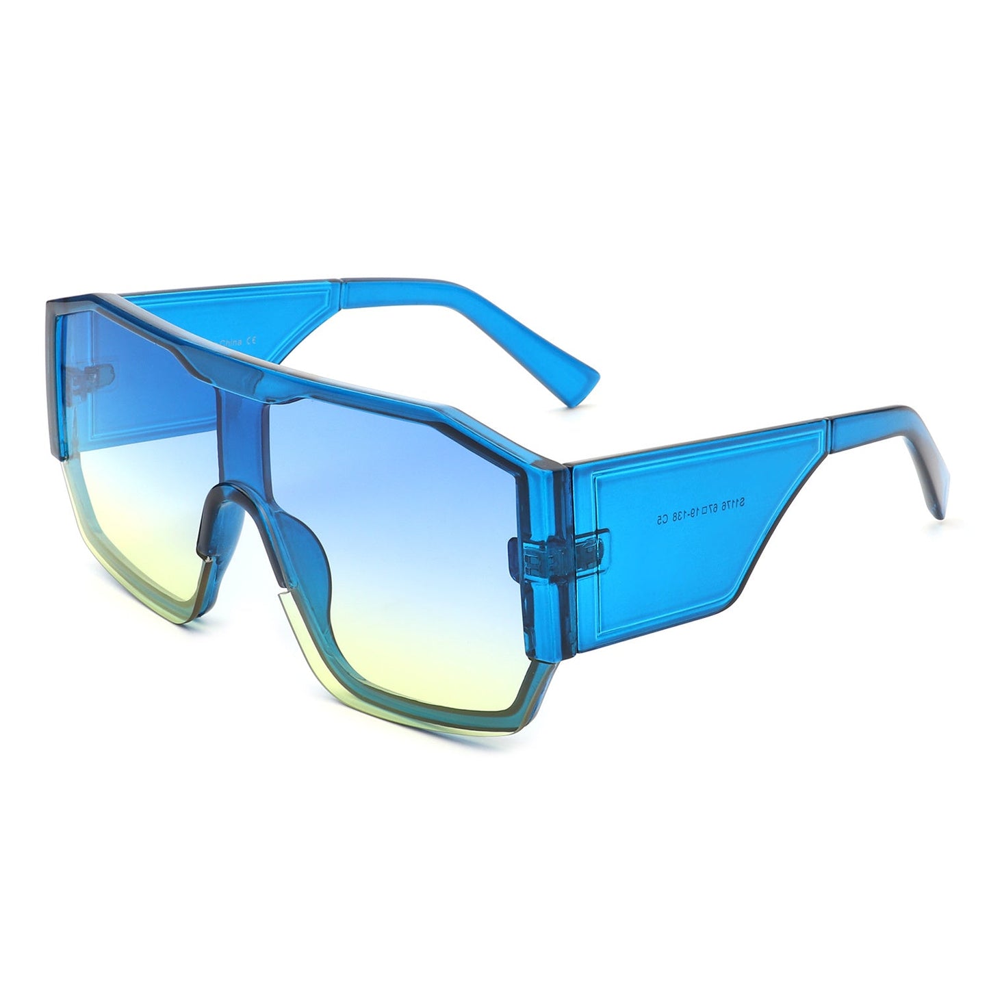 Oversize square aviator sunglasses, side view, blue frame and blue tinted lenses