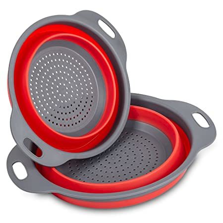 Collapsible silicone colander set of 2: red perforated strainer with gray outer bowl