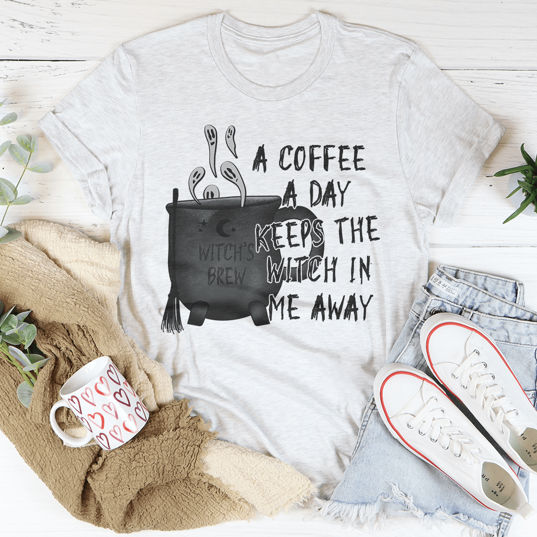 Ash gray crew-neck T-shirt with coffee-and-witch slogan print in black