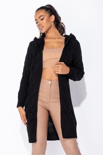 Chunky Cable Knit Hooded Edge To Edge Midi Cardigan