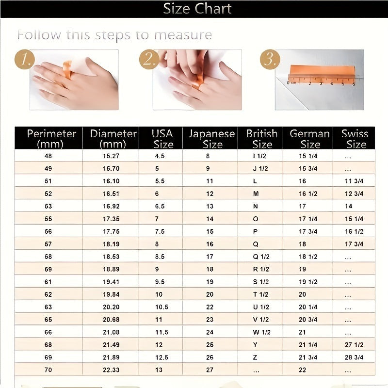 Ring size chart table with US, Japanese, British, German, Swiss measurements